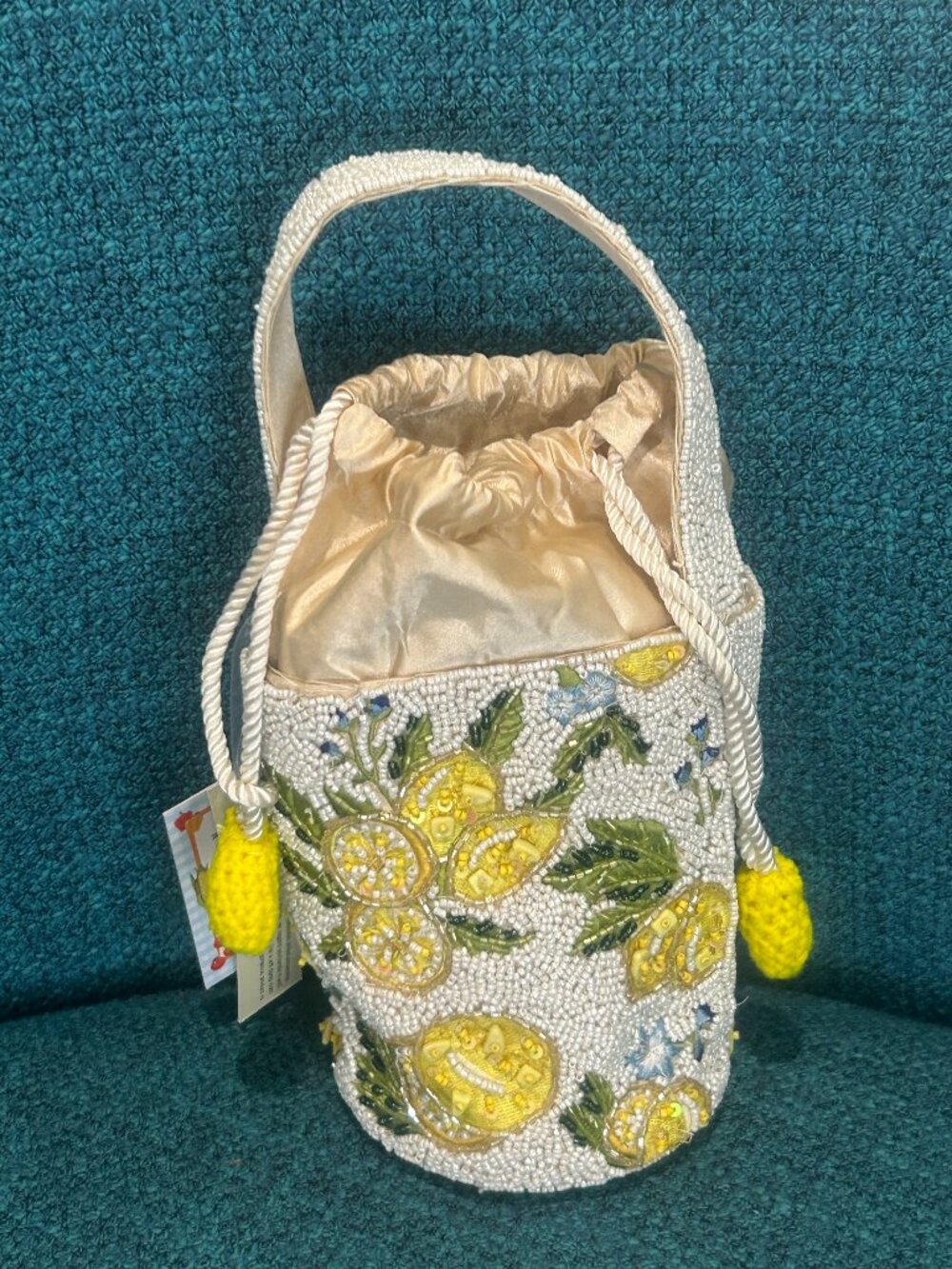 Beaded Lemons Drawstring w Lemon Charms Bucket Bag Handcrafted in India NWt